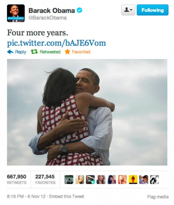 Twitter   BarackObama  Four More Years. Http   T.co BAJE6Vom