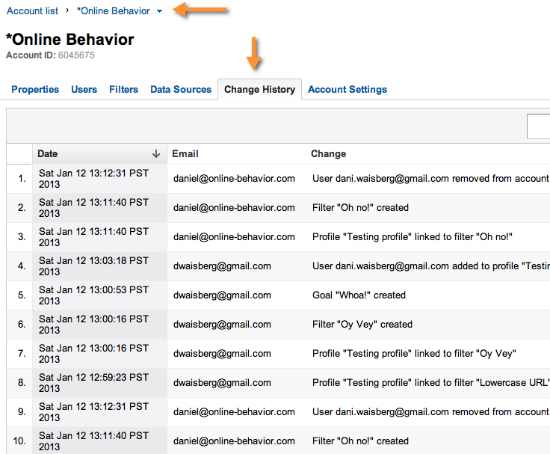 Google Analytics Change History table