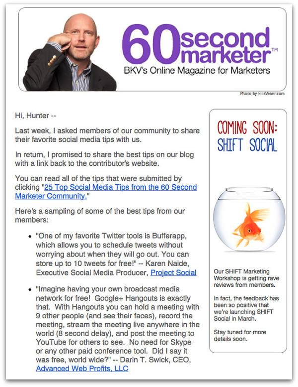 Email featuring a reader crowdsourced blog post from 60 Second Marketer