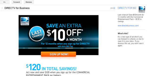 Direct TV Gmail promotions ad landing page