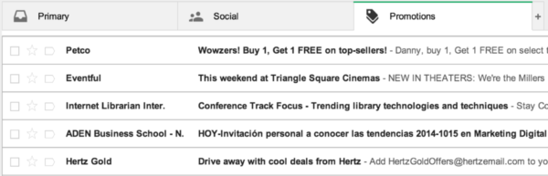 By default, Gmail enables three "tabbed" areas to organize email: Primary, Social & Promotions