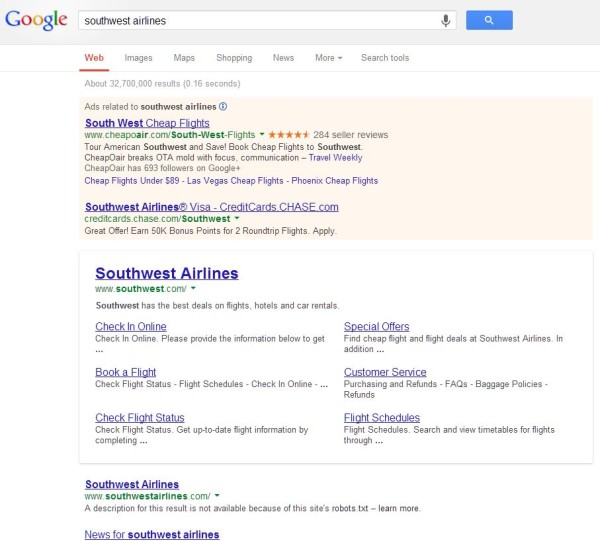 Southwest Airlines branded search results