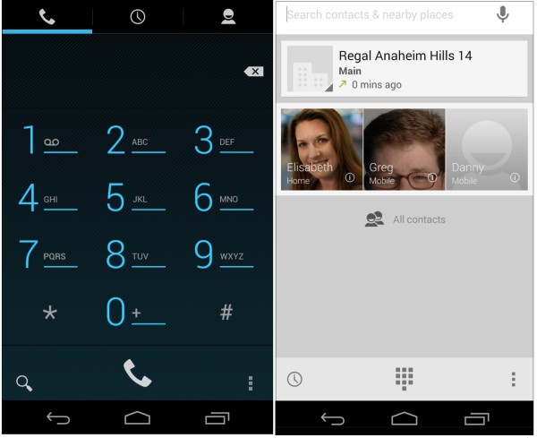 Android 4.3 Phone app on left; Android 4.4 on right 