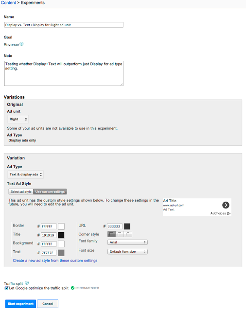 Googe AdSense A-B experiments for ad unit settings