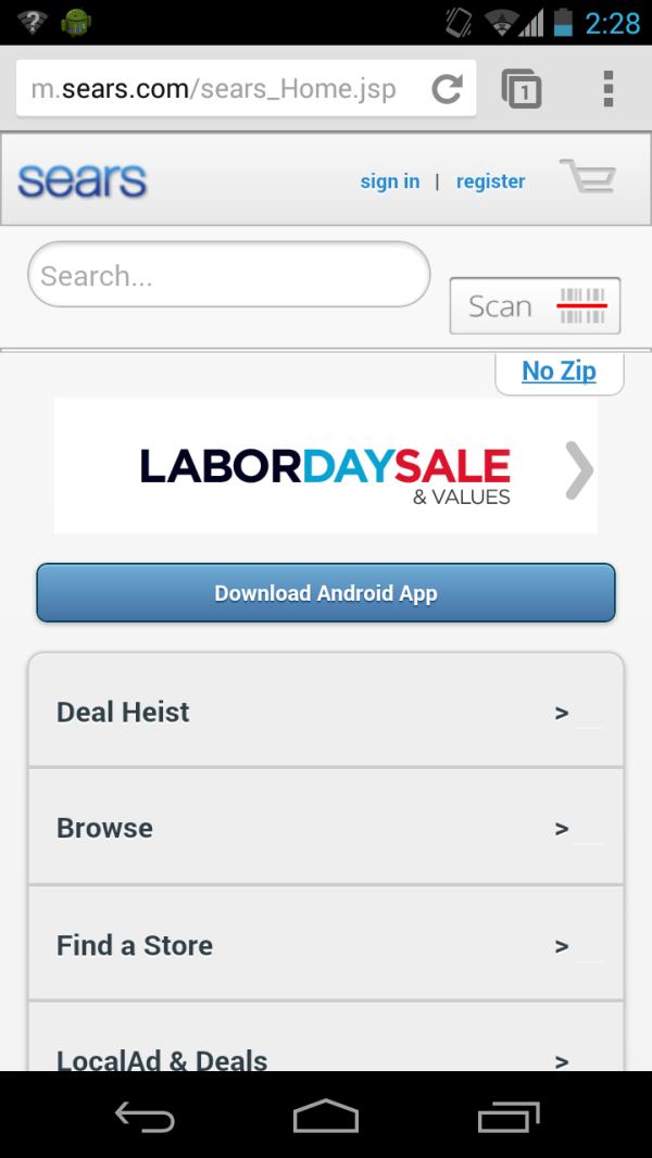 Sears' mobile site uses dynamic serving to serve a price scanner and app downloads based on a user agent string, which is not possible in responsive web design as Google defines it.