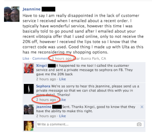 Sephora's Facebook team's customer service reply screenshot