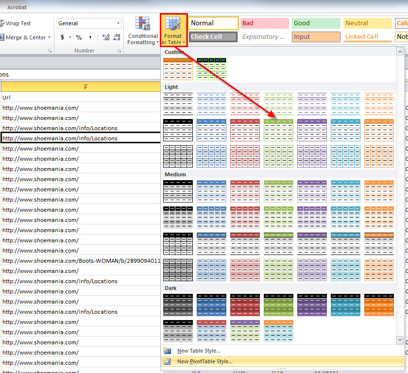 Excel formatted table