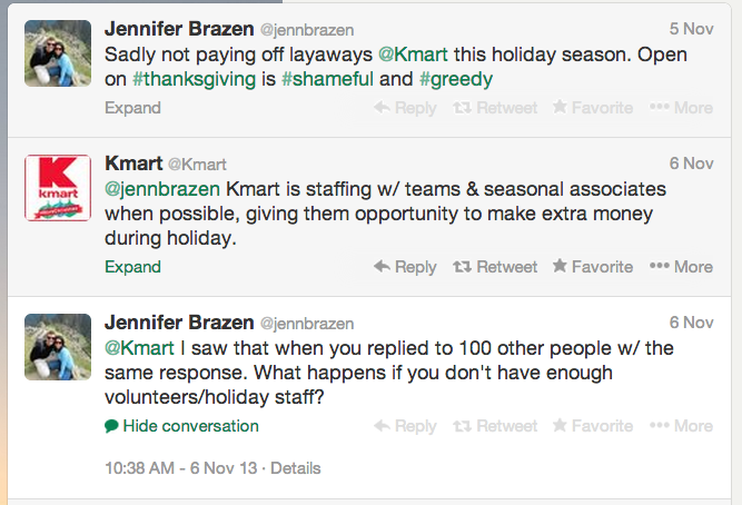 Screenshot: Kmart Twitter backlash after announcing Thanksgiving and Black Friday store hours