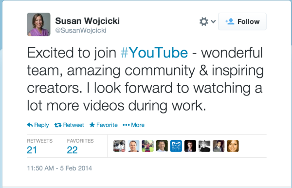 Wojcicki Tweet re YouTube