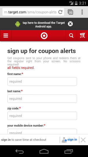 Target's page offering coupon alerts could be accessed in-store. 