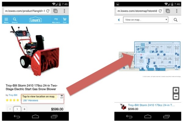 Lowe's mobile site allows you to see the location of any in-stock item in the store for easy finding and converting.