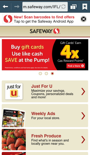 Screen capture of Safeway's mobile site