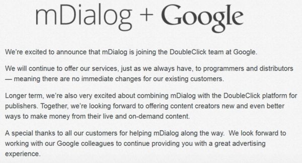 Google buys digital video advertising ad tech mDialog