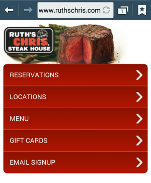 Screen shot of the mobile sized version of Ruth's Chris responsive website