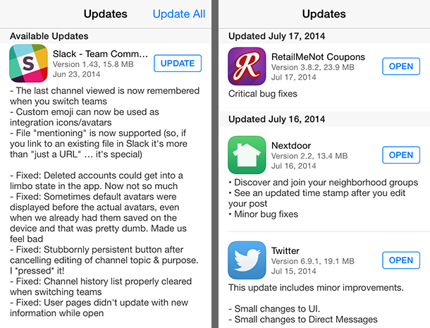 Slack update text versus other apps