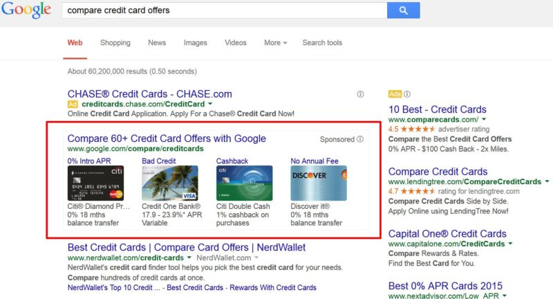 google comparision shopping for credit card offers