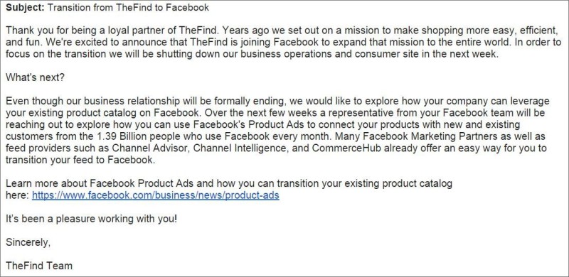 thefind notifies businesses focus will shift to facebook product ads