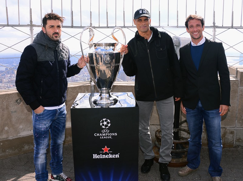 UEFA Champions League legends David Villa, Rivaldo and Juliano Belletti with UCL trophy in NYC.