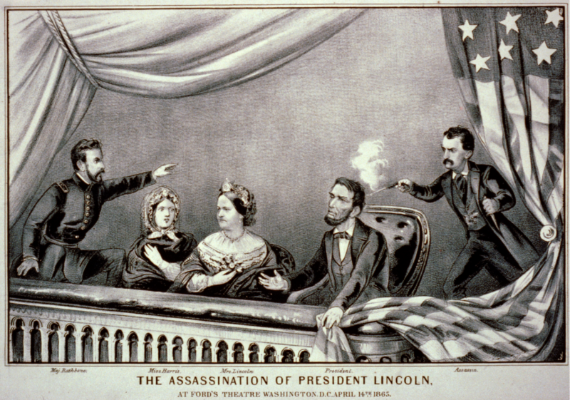 Currier and Ives depiction of Lincoln's assassination. L-to-r: Maj. Rathbone, Clara Harris, Mary Todd Lincoln, Pres. Lincoln, and Booth