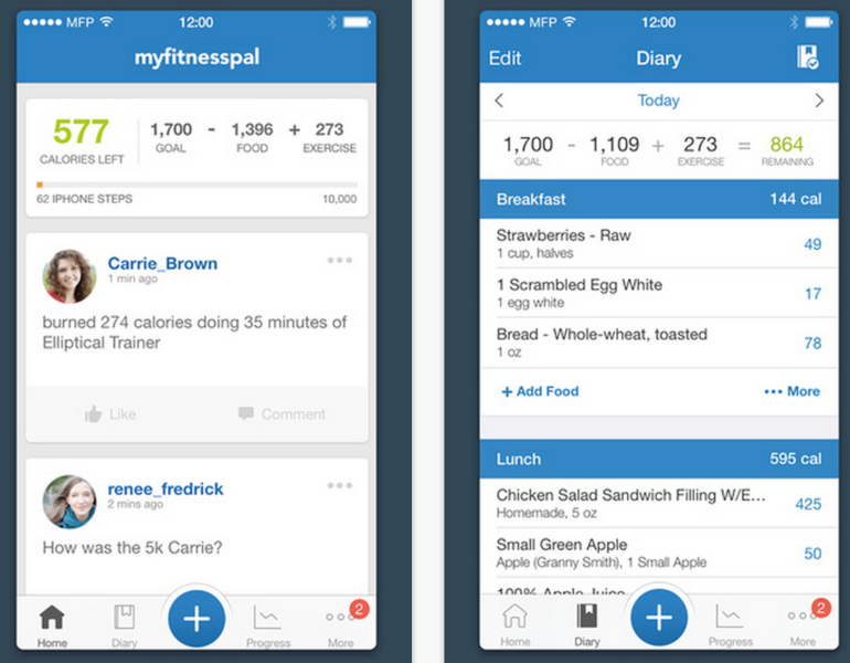 Screenshots of the My Fitness Pal mobile app. 