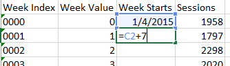 We can easily calculate the week's start date by adding 7 days successively.