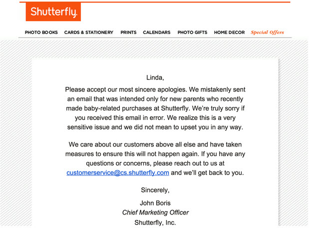 May 14, 2014 apology email from Shutterfly