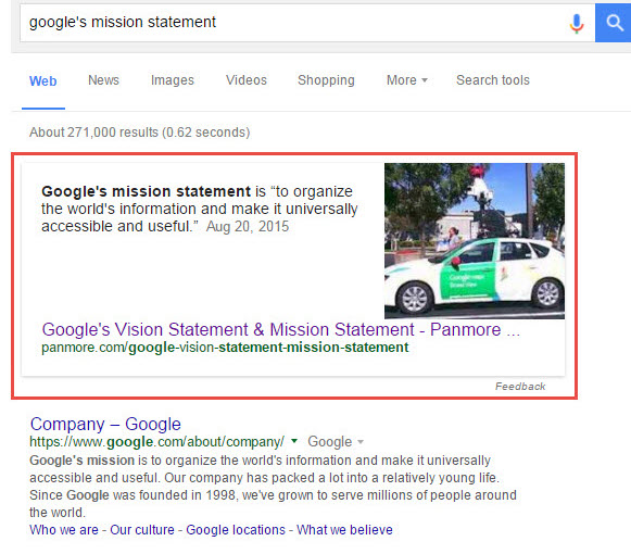 An example of a featured snippet in Google search results.