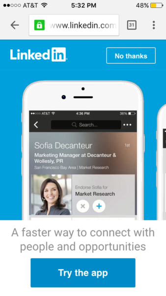 LinkedIn app install interstitial mobile web page