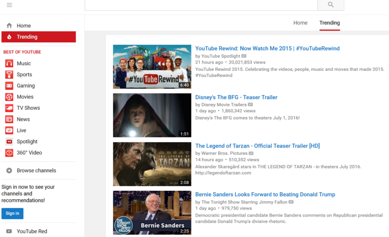 YouTube trendings tab