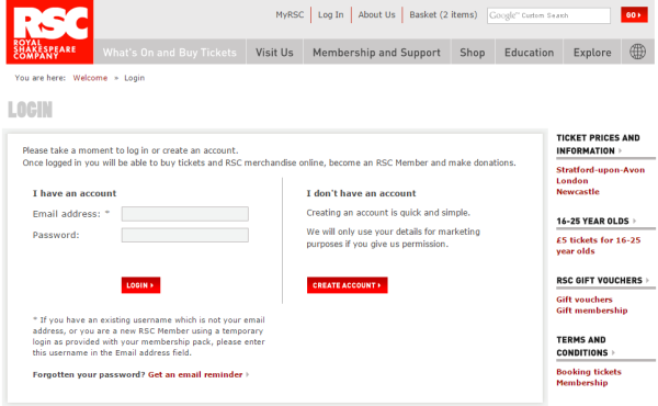 Royal Shakespeare Company asks us to create an account saying the process is "quick and simple."