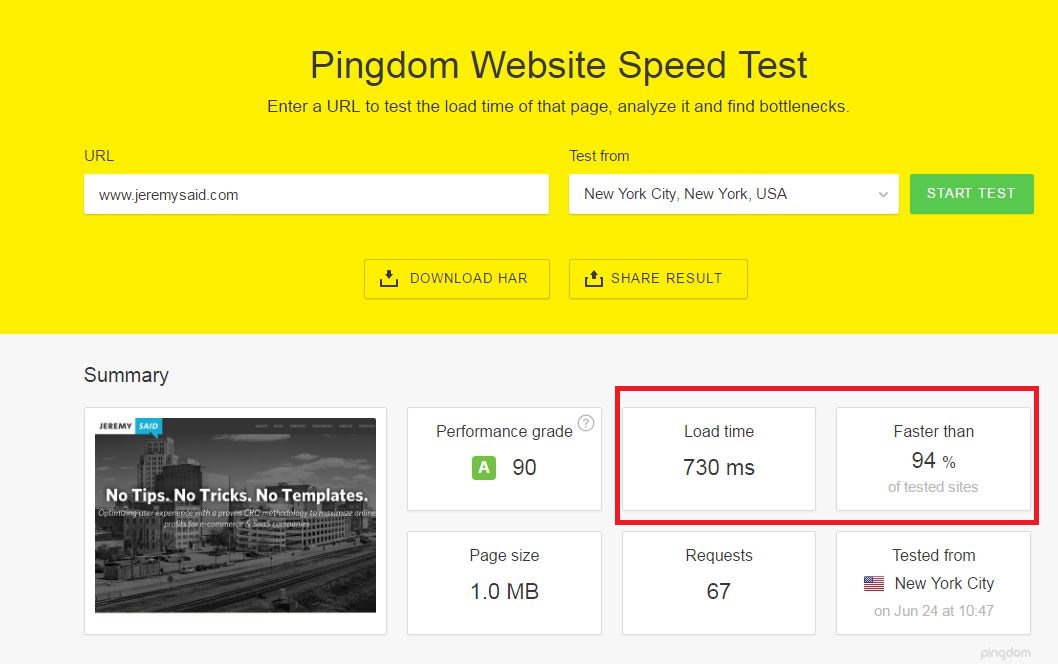 Annotated screenshot of Pingdom website speed test with load time and comparison to other sites highlighted