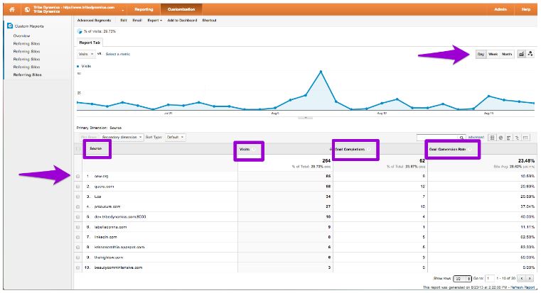 Annotated screen shot of Google Analytics Referring Site report highlighting page settings