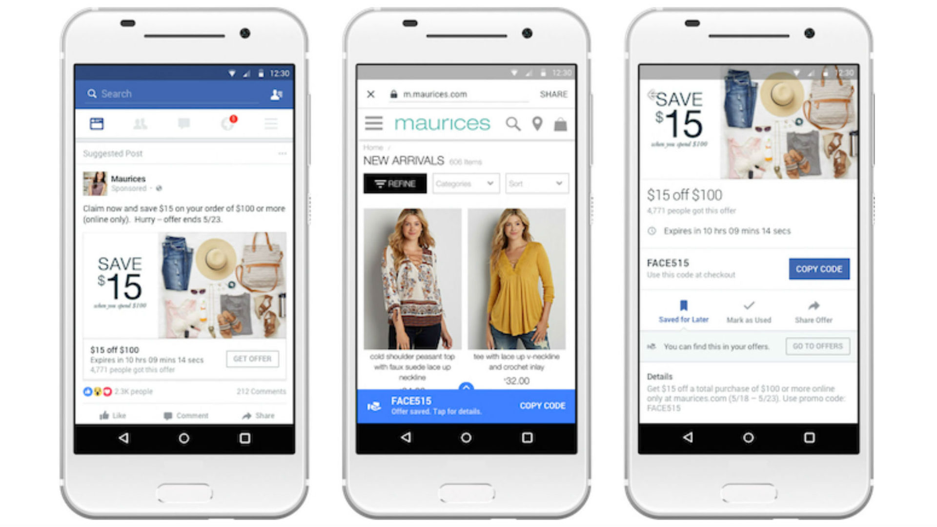 Facebook will now show offer codes while on a brand's site and save them to a new Offers tab.