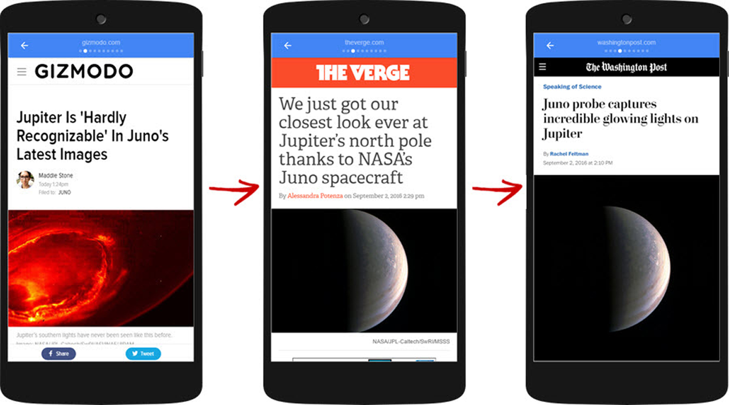 Users swipe through content from multiple publishers in Google's Top Stories AMP viewer.