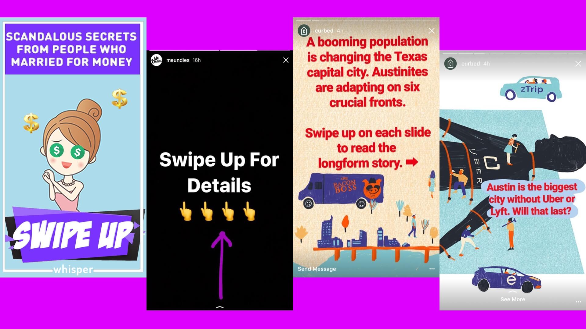 How Whisper, MeUndies and Curbed tease links in their Instagram Stories.