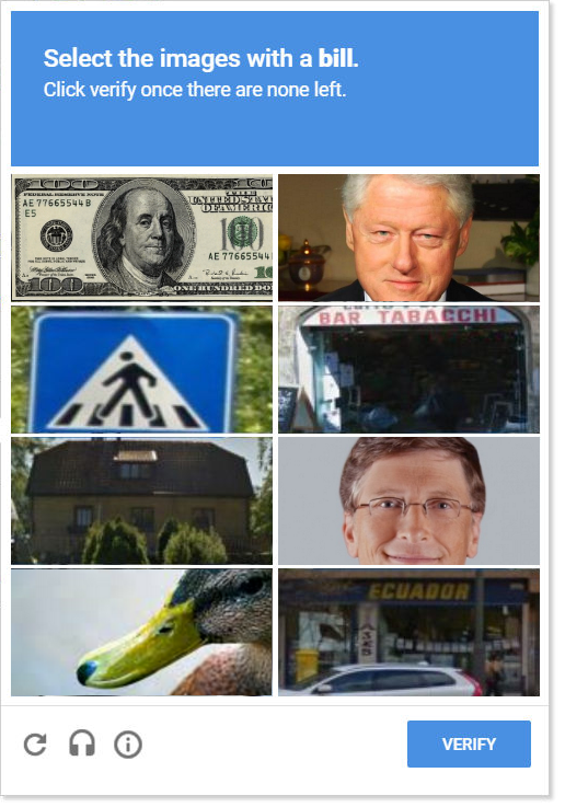 Select all images with a bill. reCAPTCHA