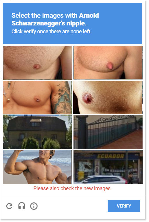 Select the images with Arnold Schwarzenegger's nipple. reCAPTCHA