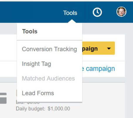 linkedin ads tools menu