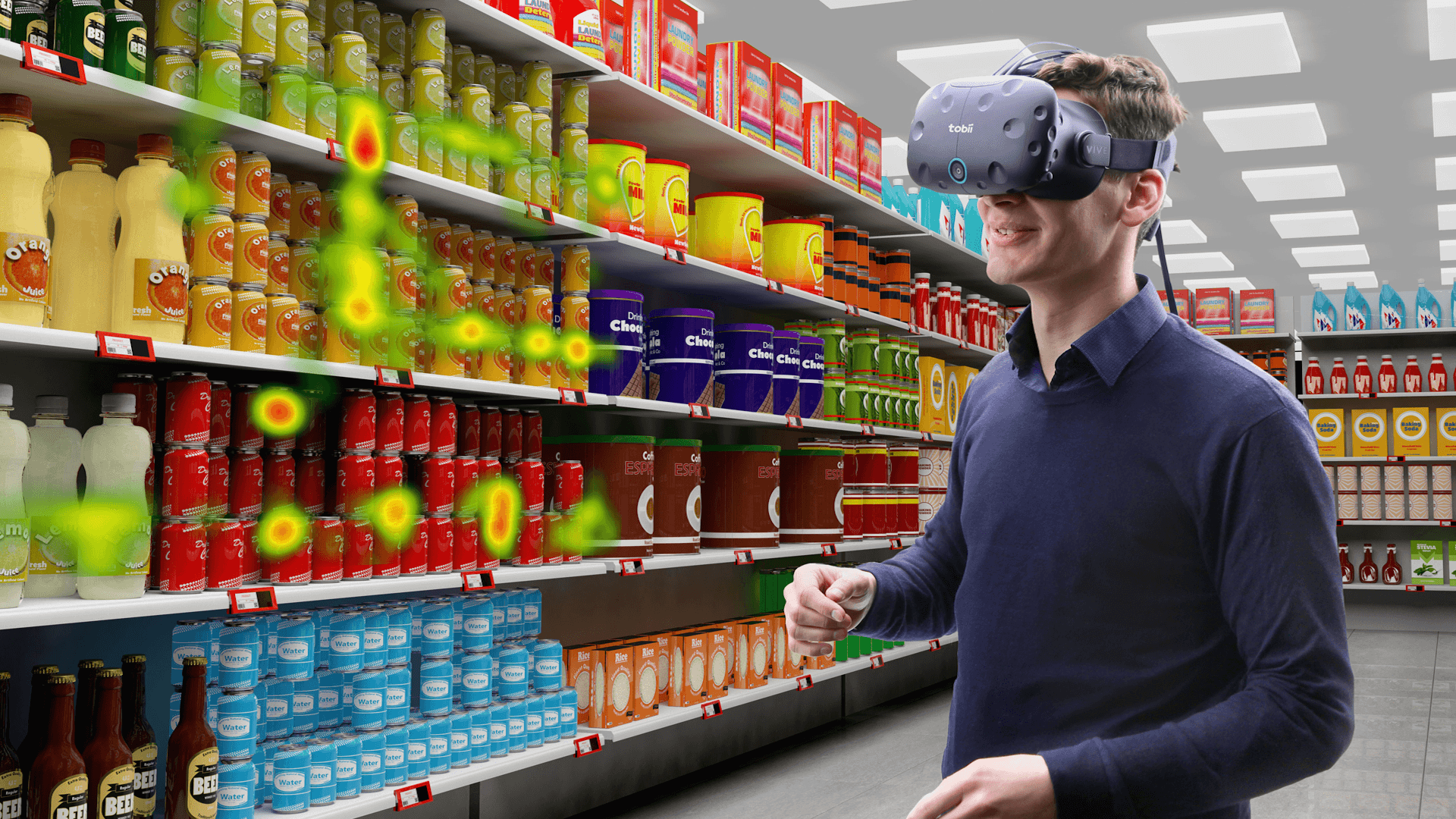 A combined image, showing attention spots where a VR wearer might be looking in a virtual grocery store.