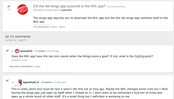 NHL app on Reddit