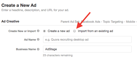 Quora Import Exisiting Ads