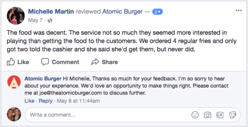 Customer Service Response Via Facebook Screenshot Atomic Burger