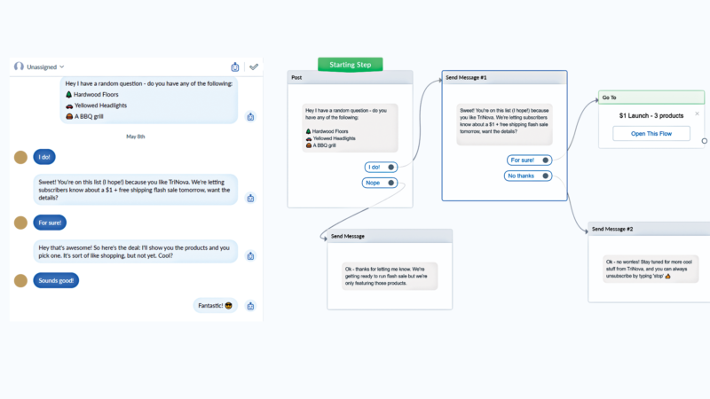 A conversational flow for a TriNova customer on Facebook Messenger.