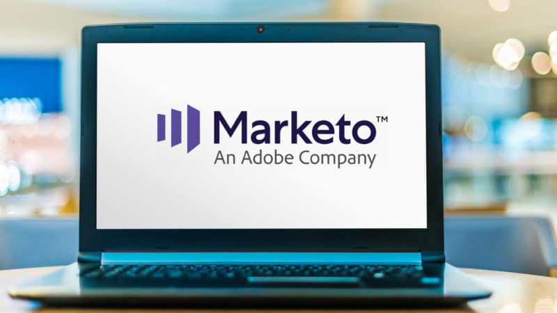 Marketo logo on laptop screen.