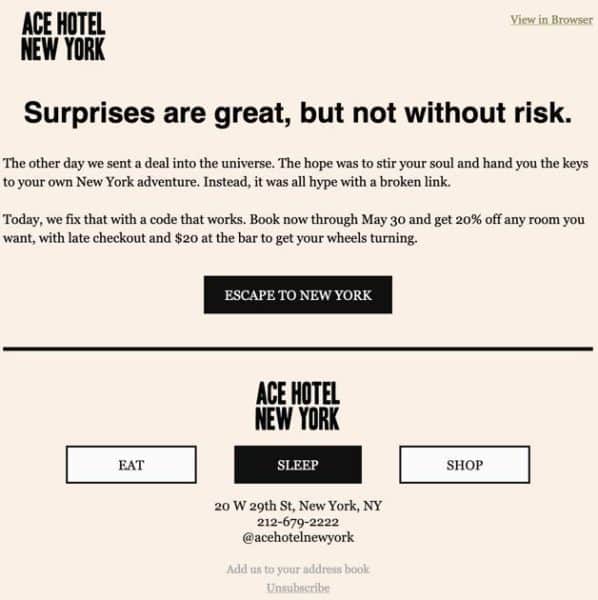 Ace Hotel oops email