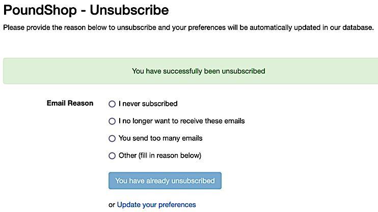 PoundShop Unsubscribe Confirmation