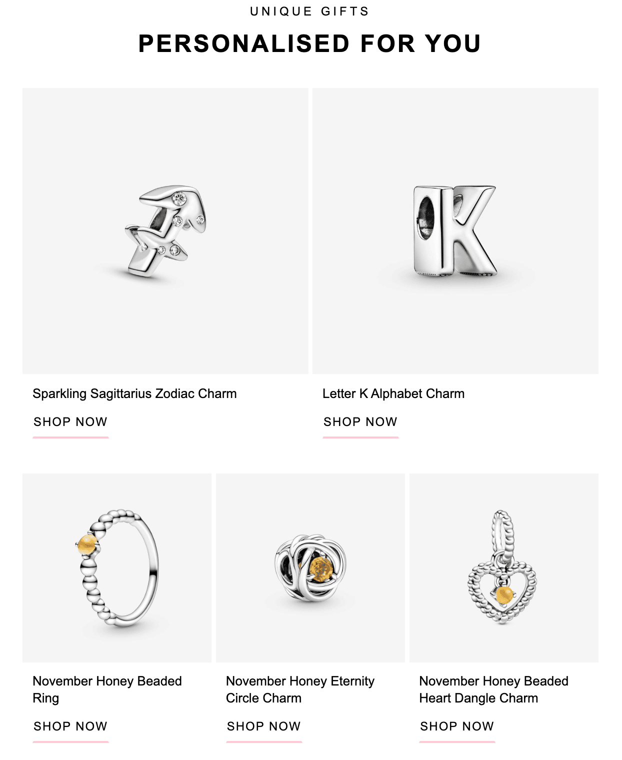 Unique Gifts section in birthday email
