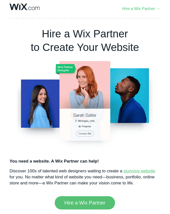 Wix's onboarding email