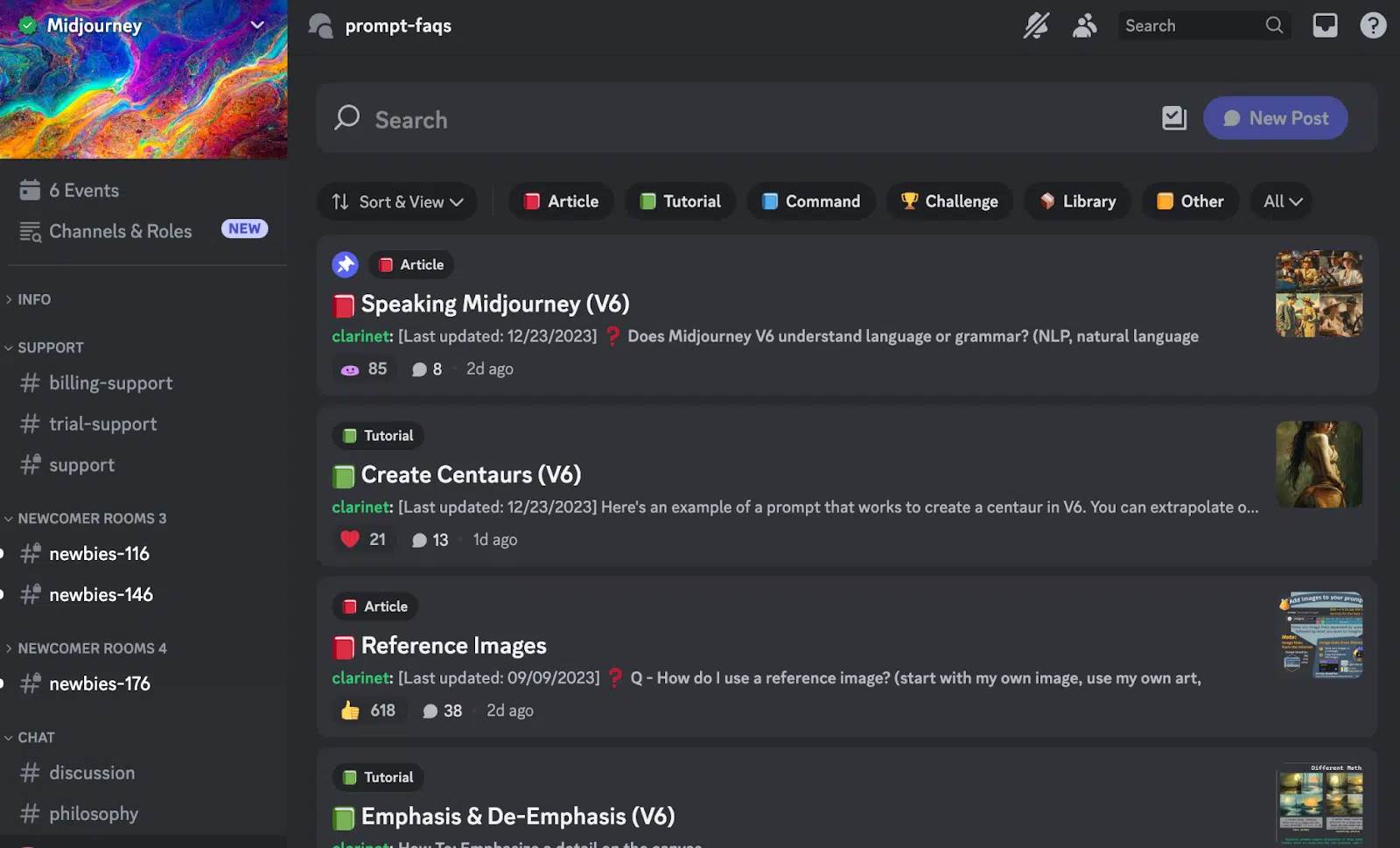 MidJourney’s Discord server, where helpful threads and conversations are active amongst the user community