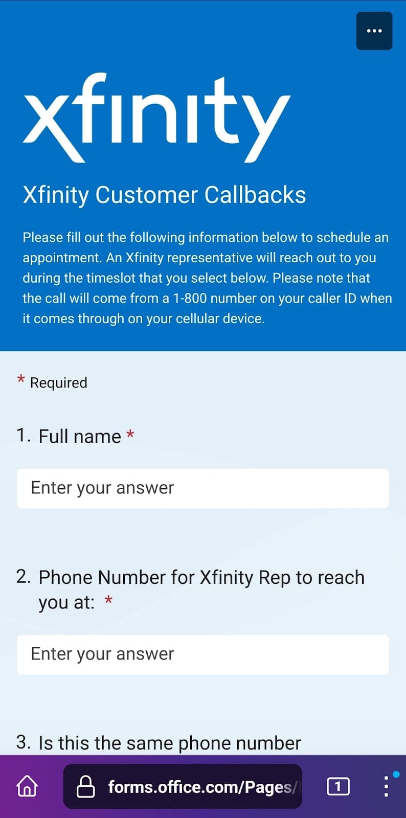 Xfinity unbranded forms page for customer callback